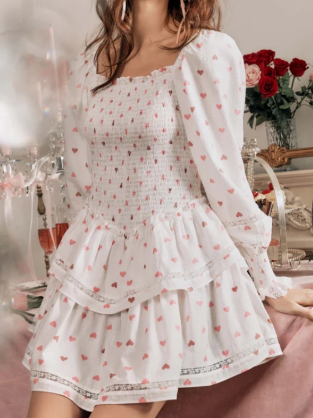Lait Dora Valentine Pink Heart White Lace Long Sleeve Mini Dress Size Large